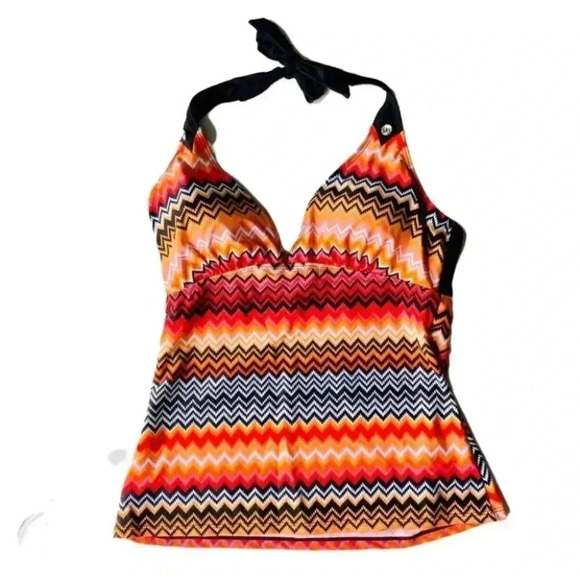 NEW Halter Tankini in FUN ZigZag print Halter Top w/black adjustable tie straps - Picture 2 of 3